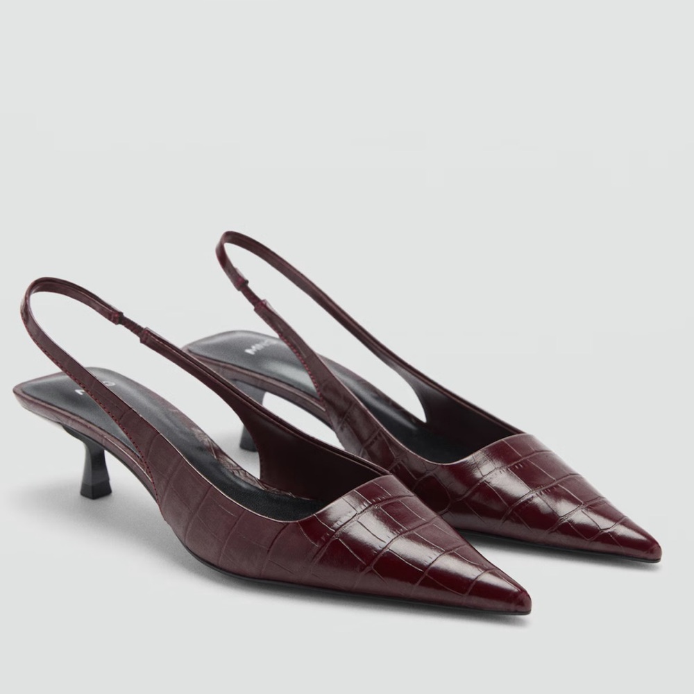 Mango Burgundy Croc-Embossed Pointed Slingback Kitten Heels